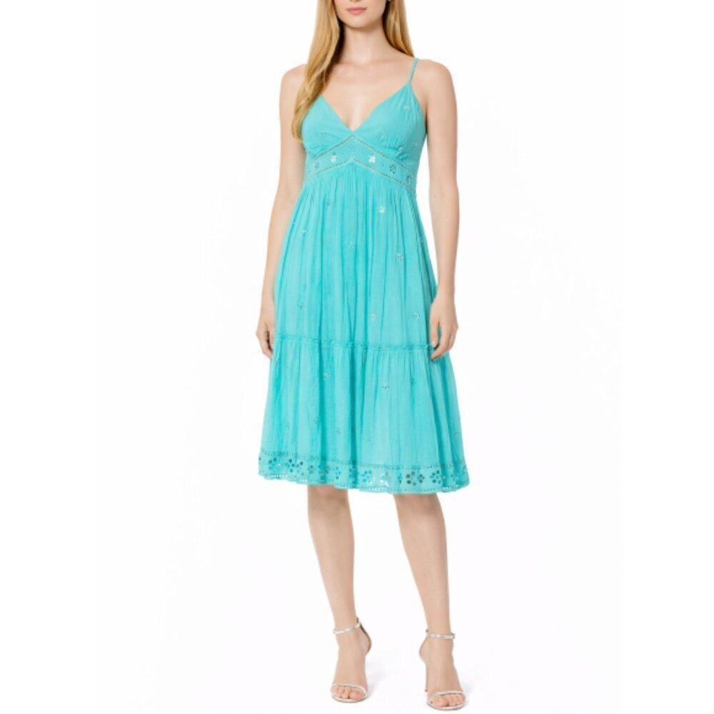 Juliet Dunn Embroidered/Sequin Embellished Cotton Sundress, Turquoise